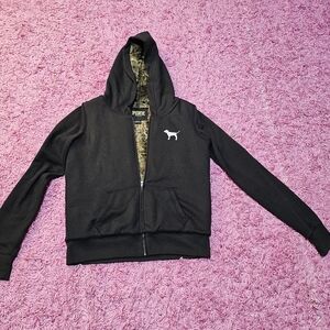 PINK Victoria's Secret Black Fur Lined Bling Full Zip Hoodie